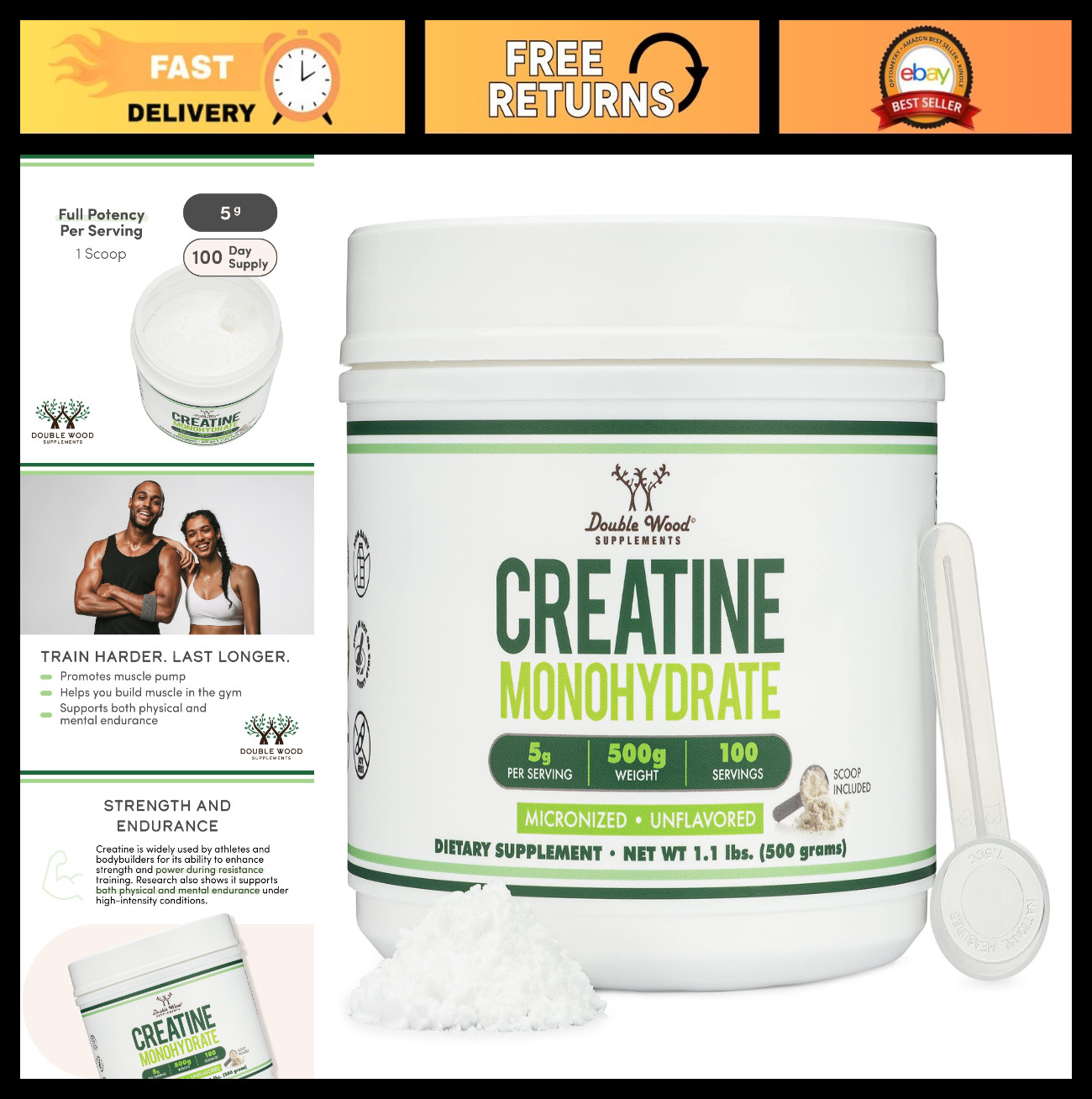 Pure Creatine Monohydrate Powder 1.1lbs – 100 Servings, Vegan, Non-GMO, Gluten-F