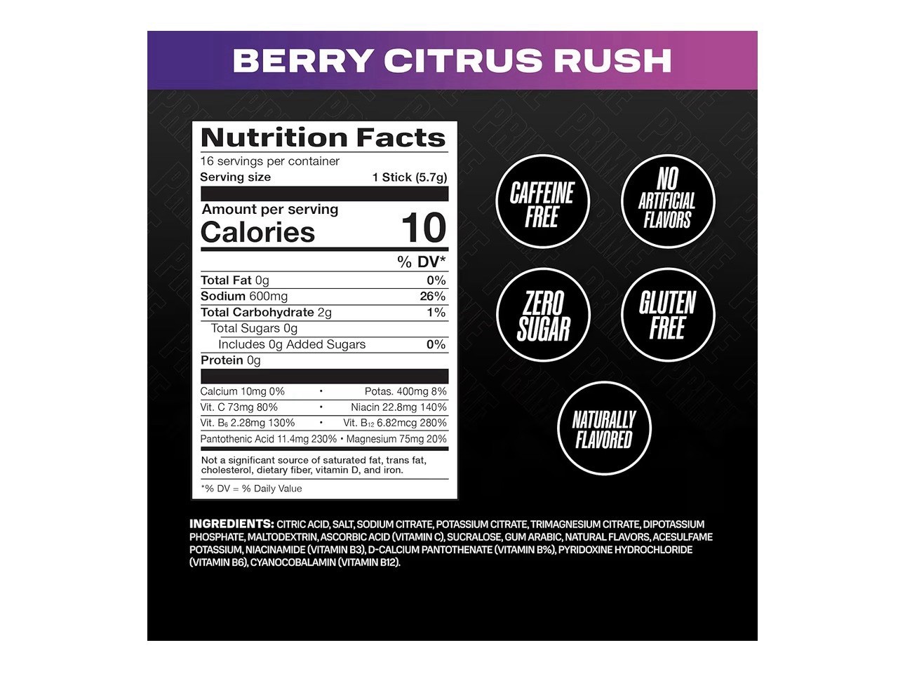 Prime Rapid Rehydration Electrolyte Drink Mix Berry Citrus Rush 16 Sticks New