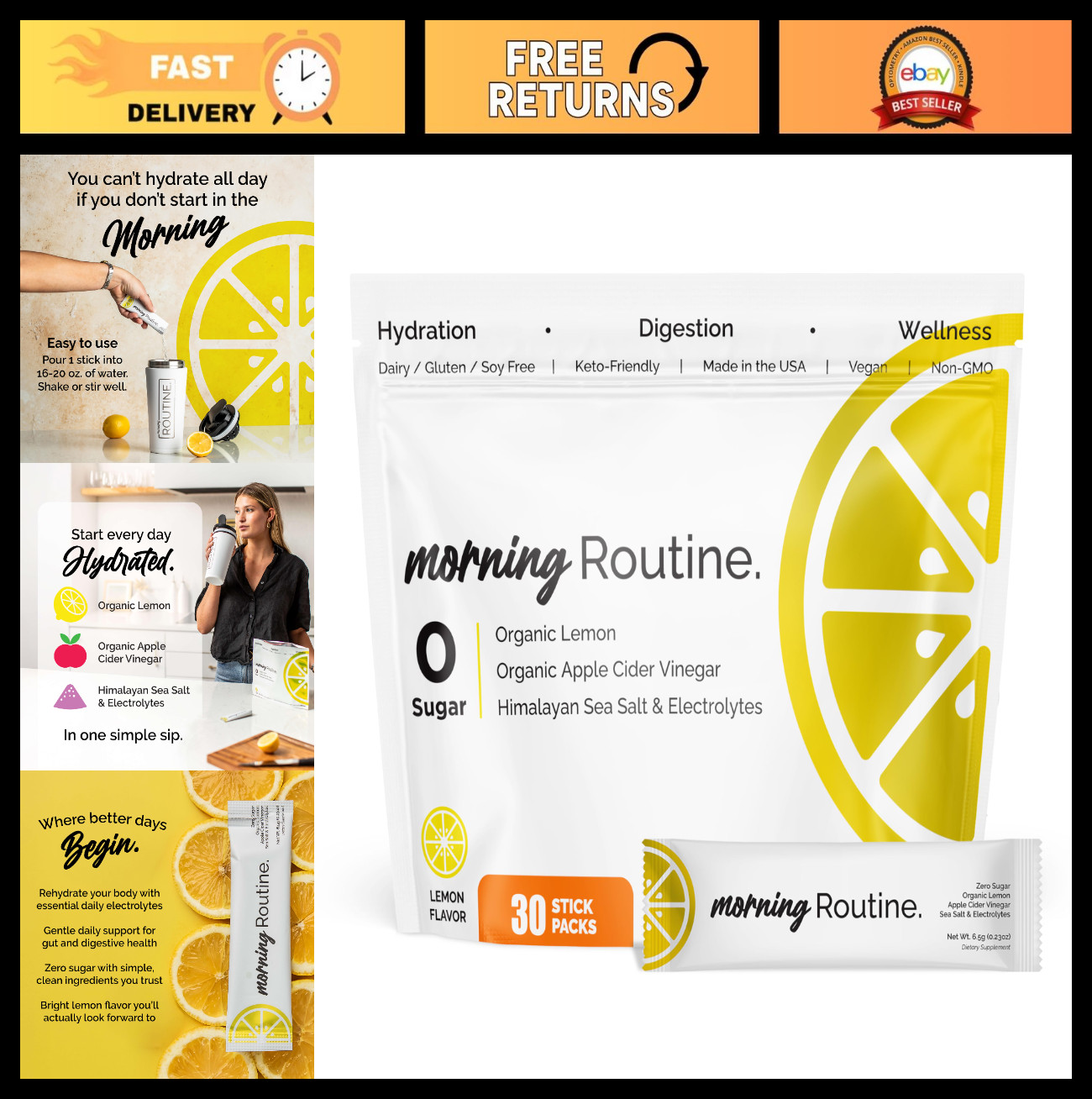 Hydrating Electrolyte Powder Packets – Lemon & Apple Cider Vinegar Mix, Keto, Su