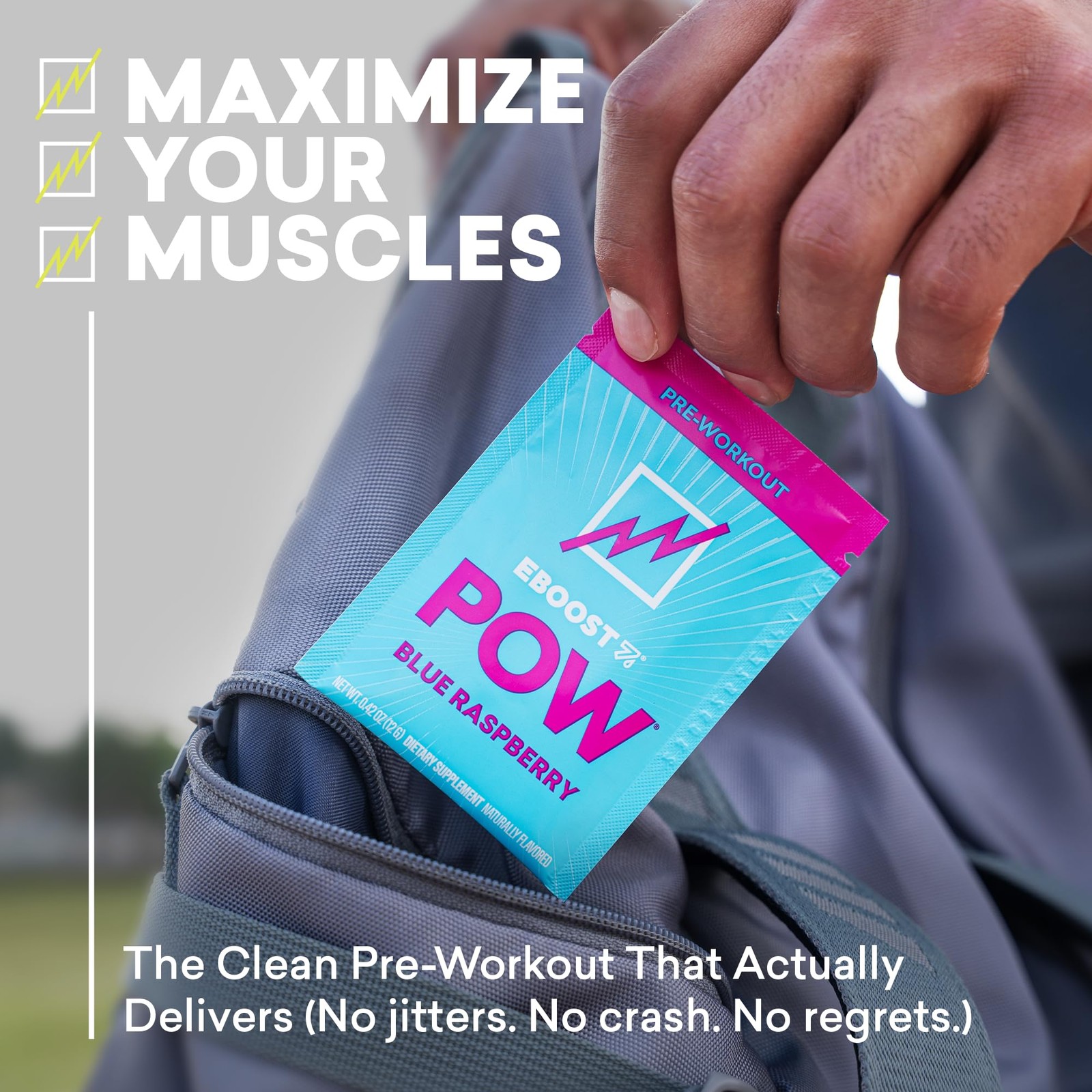 EBOOST POW Natural Pre Workout Powder – 15 Packets, Blue Raspberry, Men & Women