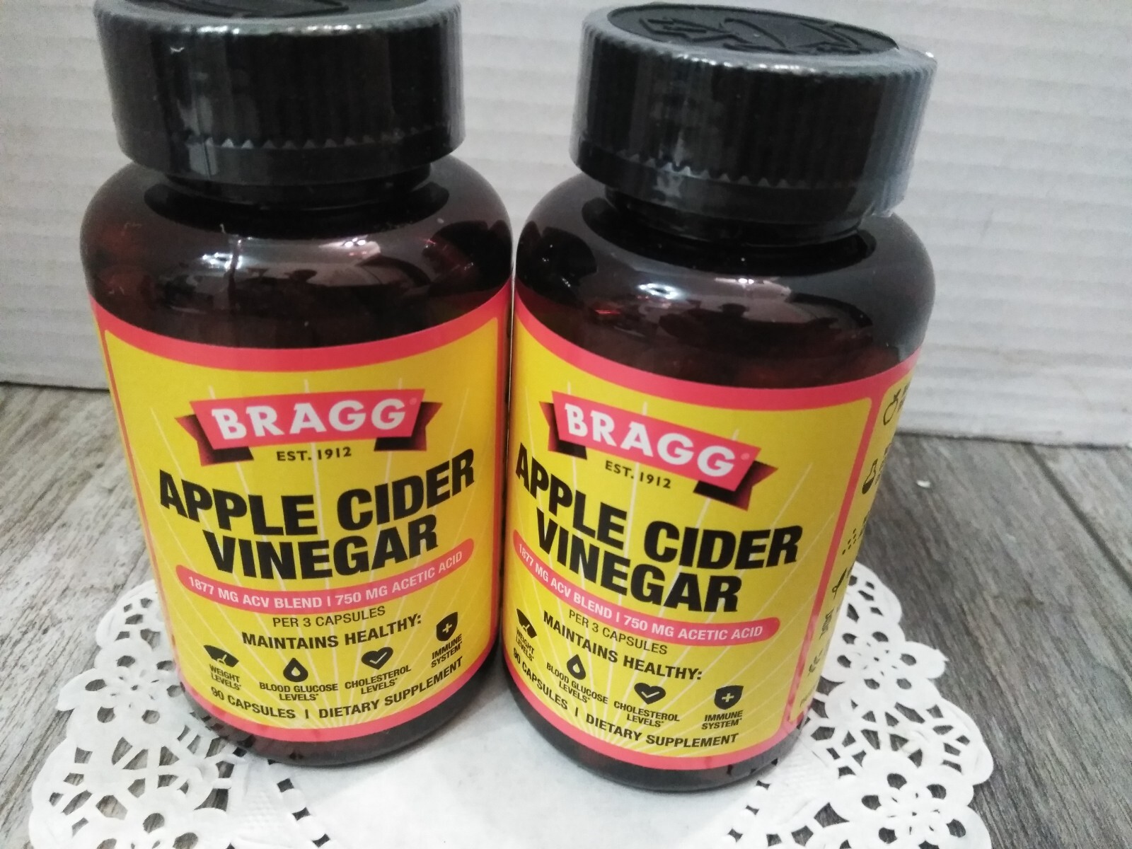 BRAGG Apple Cider Vinegar 90 Capsules EACH 750 Mg Acetic Acid ( 2PK BUNDLE)