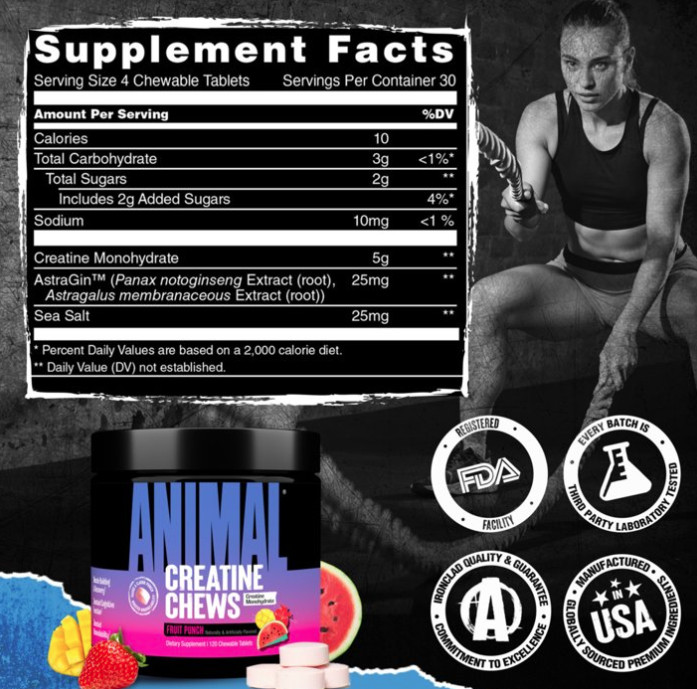 Animal Creatine Chews 5g Creatine Monohydrate Fruit Punch 30 Count Tablets