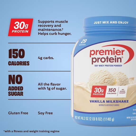 Premier Protein Whey Protein Powder, Vanilla Milkshake, 30g Protein, 29 Servings