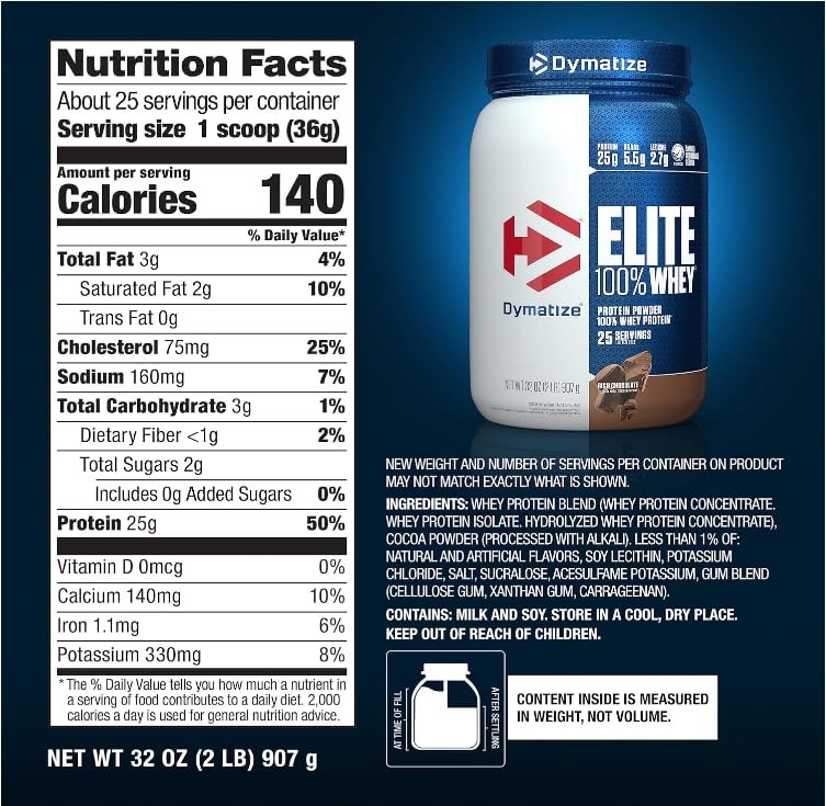 Dymatize Elite 100 Whey Protein Powder, Chocolate, 25g of Protein, 5.5g BCAAs,