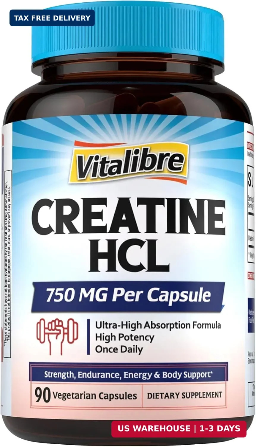 Vitalibre Creatine HCl Capsule, 750mg High Absorption Creatine Hydrochloride, En