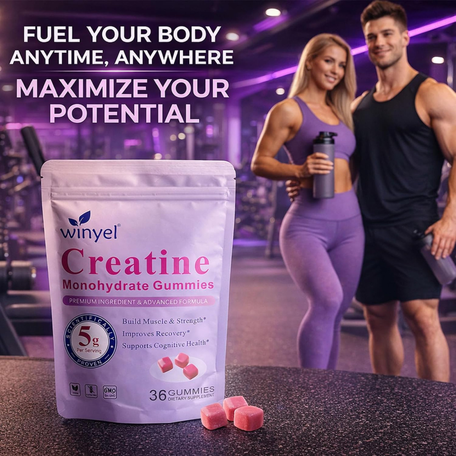 Creatine Monohydrate Gummies 5g 36 Ct Sugar Free Berry Flavor