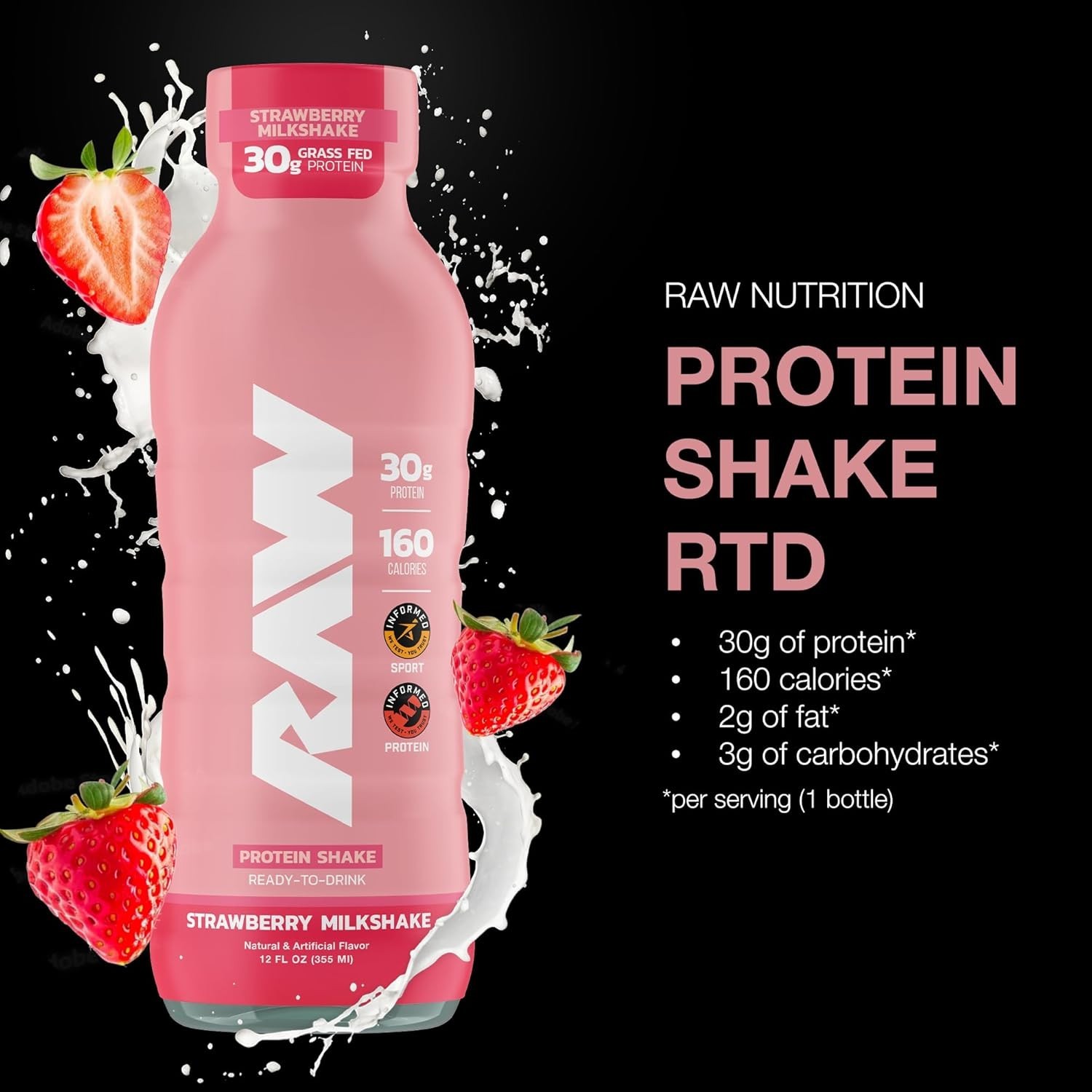 Protein Shake RTD – Strawberry Milkshake – 12 fl oz. (12 Bottles)