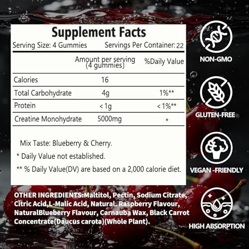 Creatine Monohydrate Gummies 5g (5000mg), Sugar-Free Creatine, Pre-Workout Energ