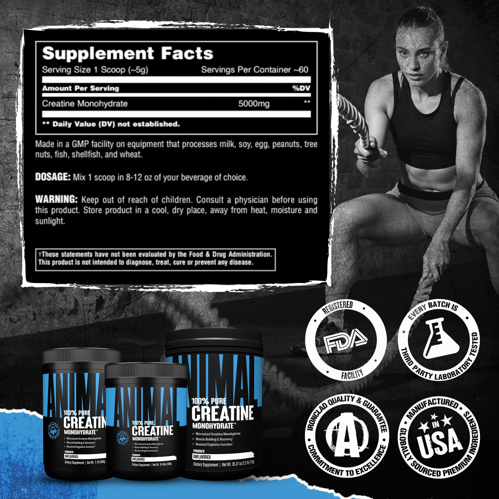 Animal Creatine Monohydrate Powder – 300g (Pack of 1), Unflavored