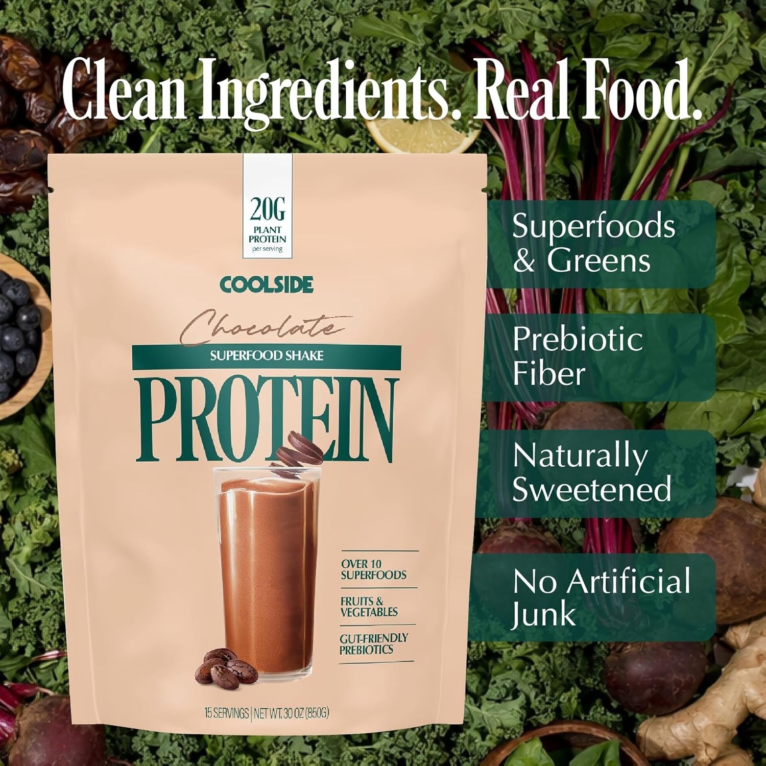Coolside Superfood Vegan Protein Powder Chocolate 20g Plant Based 15 Servings