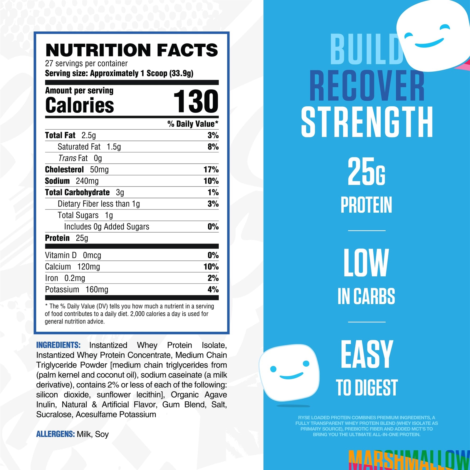 LOADED PROTEIN POWDER Prebiotic Fiber Jet-Puffed Marshmallow 27 Servings RYSE