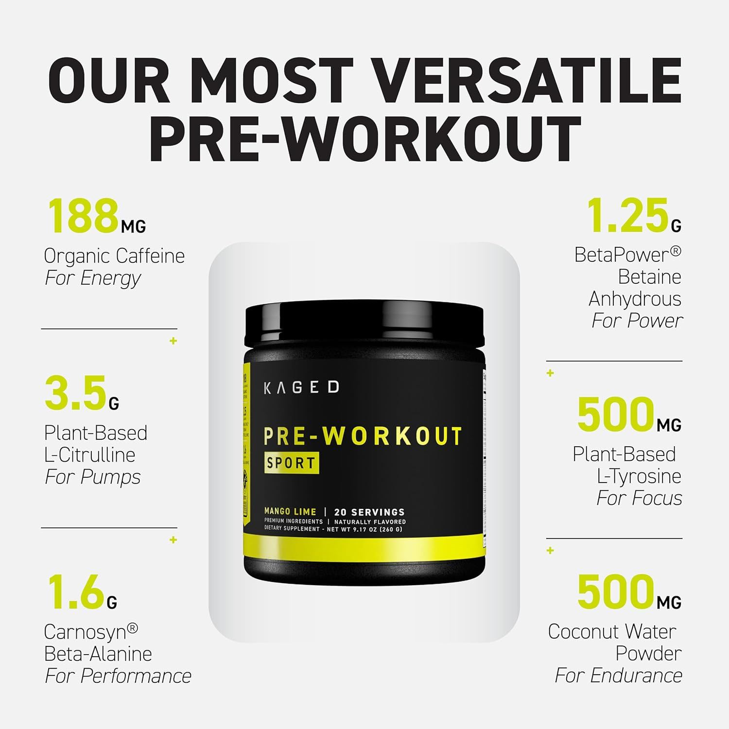 Sport Pre Workout Powder for Men & Women, Mango Lime, Sport Certified, 188Mg Caf