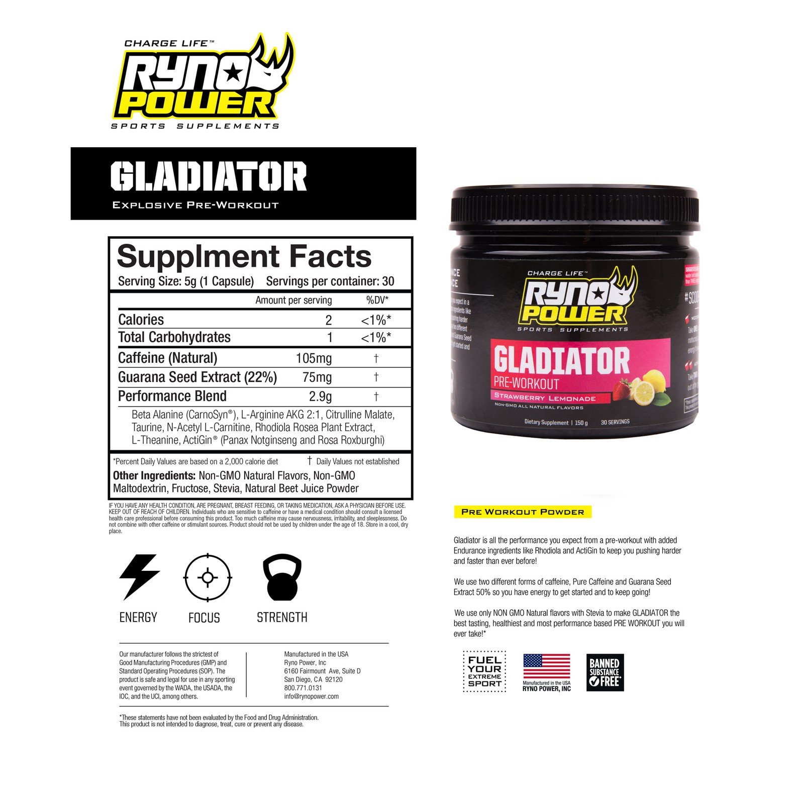 Ryno Power Gladiator Pre-Workout Drink Mix – Strawberry Lemonade, 30 Servings