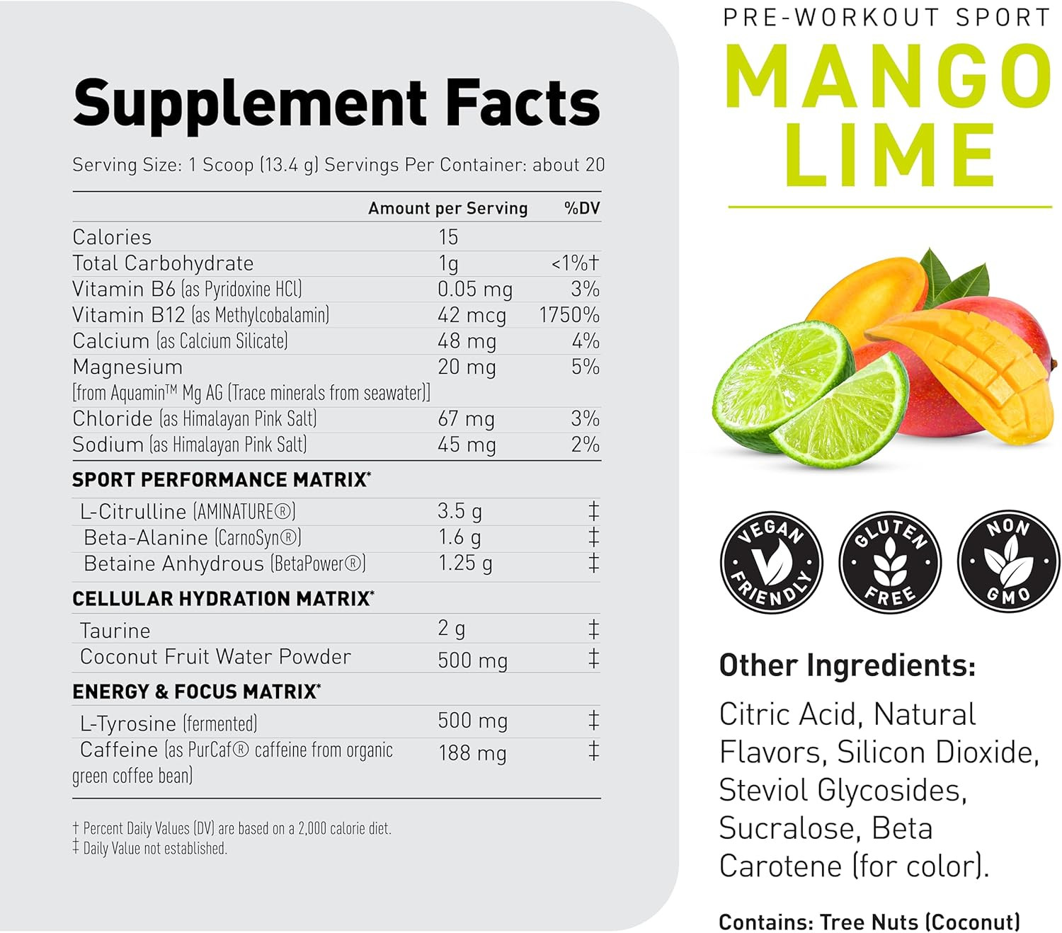 Sport Pre Workout Powder for Men & Women, Mango Lime, Sport Certified, 188Mg Caf