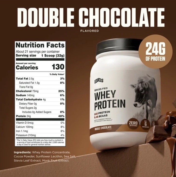 Level Grass Fed Whey Protein Powder, No Artificial,Double Chocolate 1.48 Lb