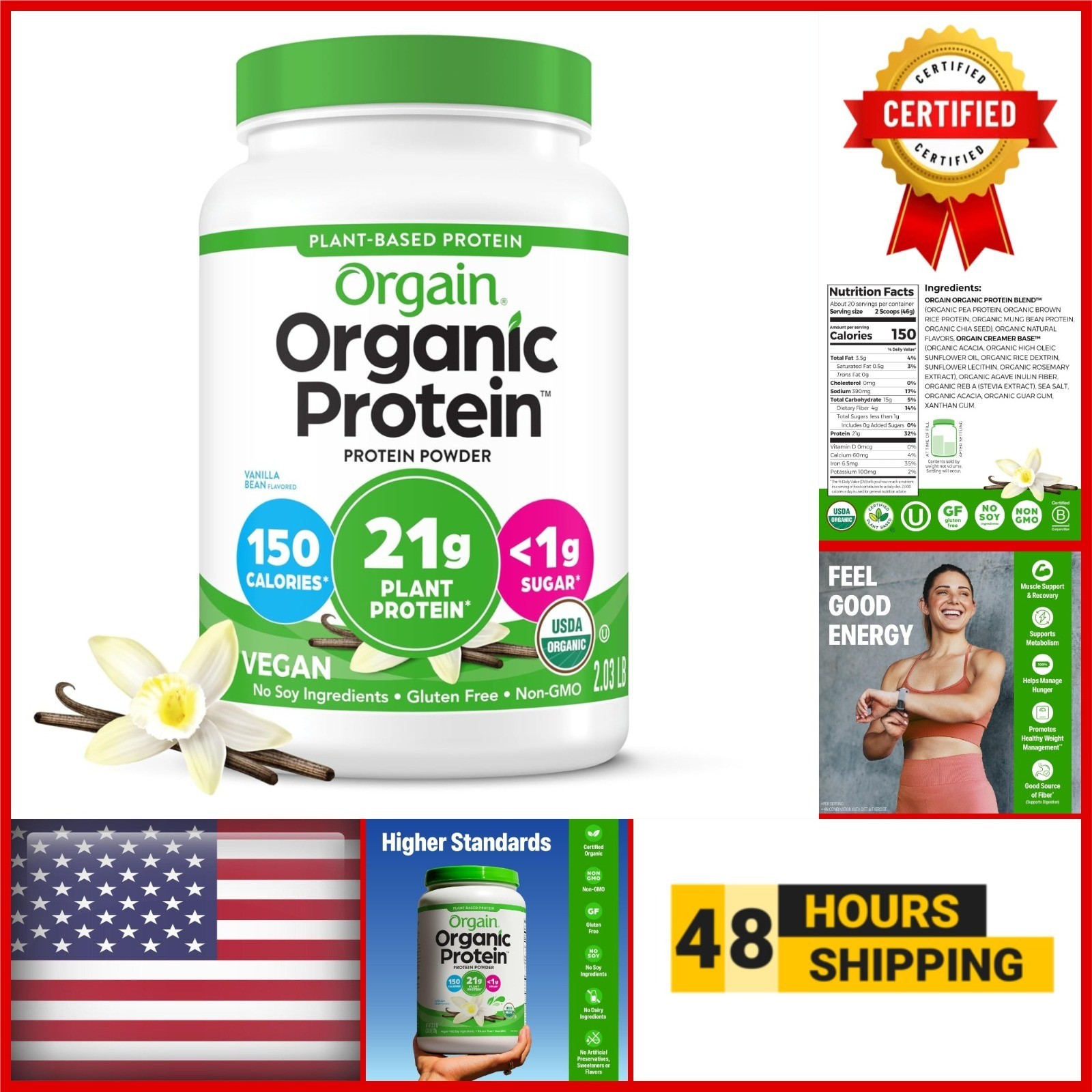 Orgain Organic Vegan Protein Powder, Vanilla Bean, 21g Protein, 2.03 lb