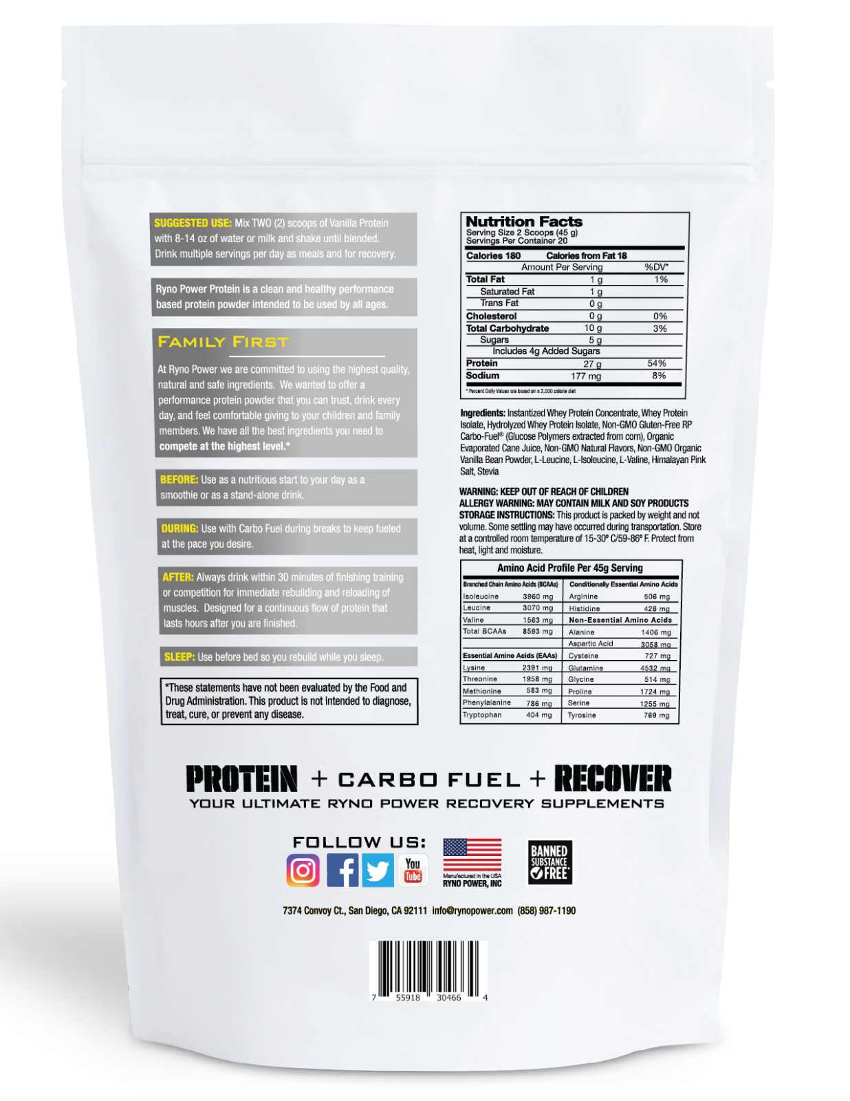 Ryno Power Vanilla Protein Powder 2lb Whey 27g 8.5g BCAA Recovery Sport Drink