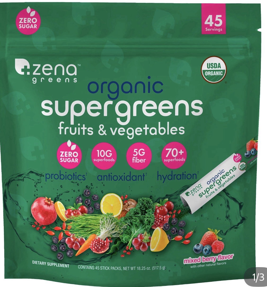 Zena USDA Organic Supergreens Fruits & Vegetables Powder, 45 Stick PACs EXP05/26
