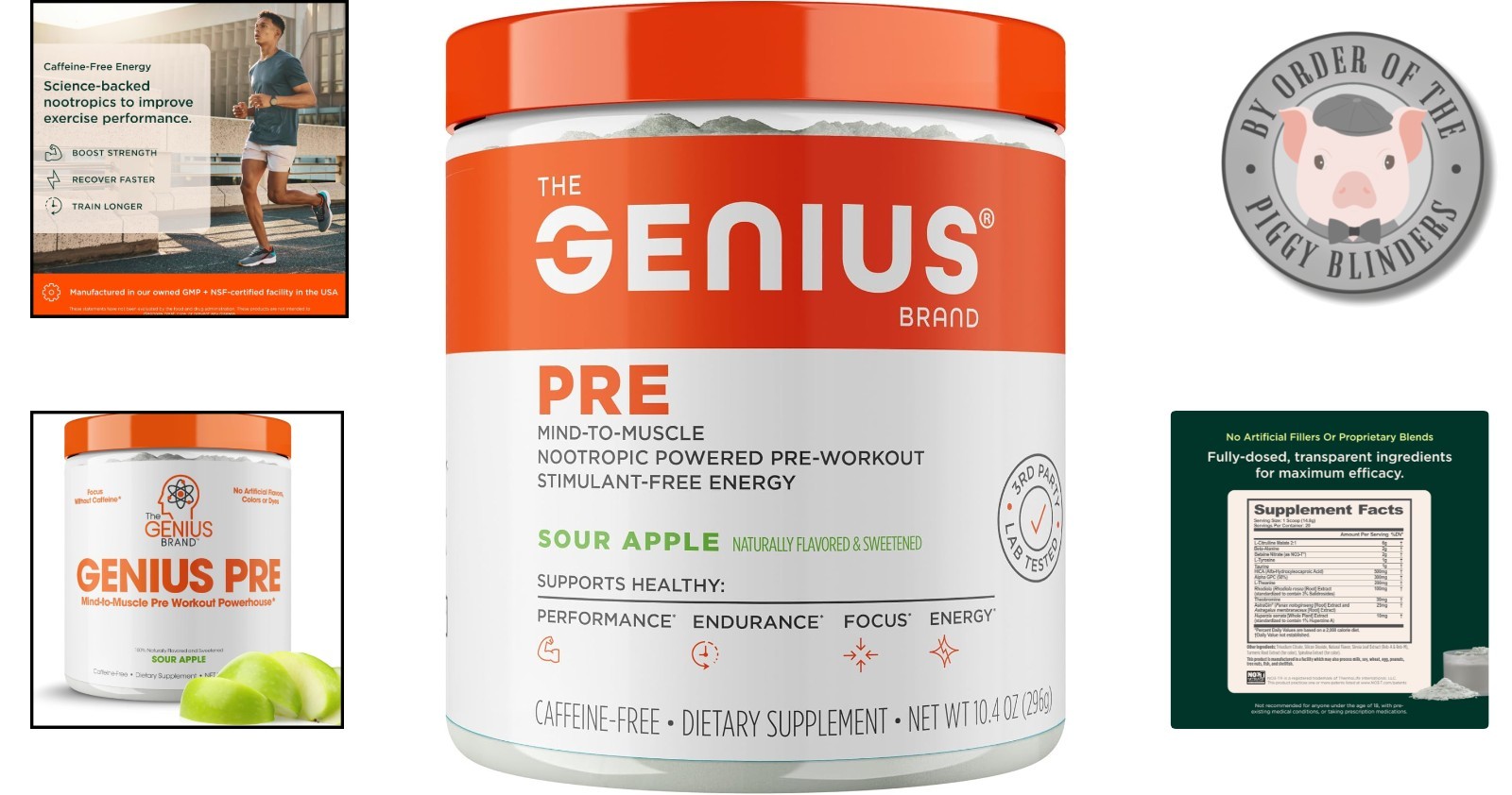 Genius Pre-Workout, Stimulant-Free Sour Apple Powder, 20 Servings | Energy