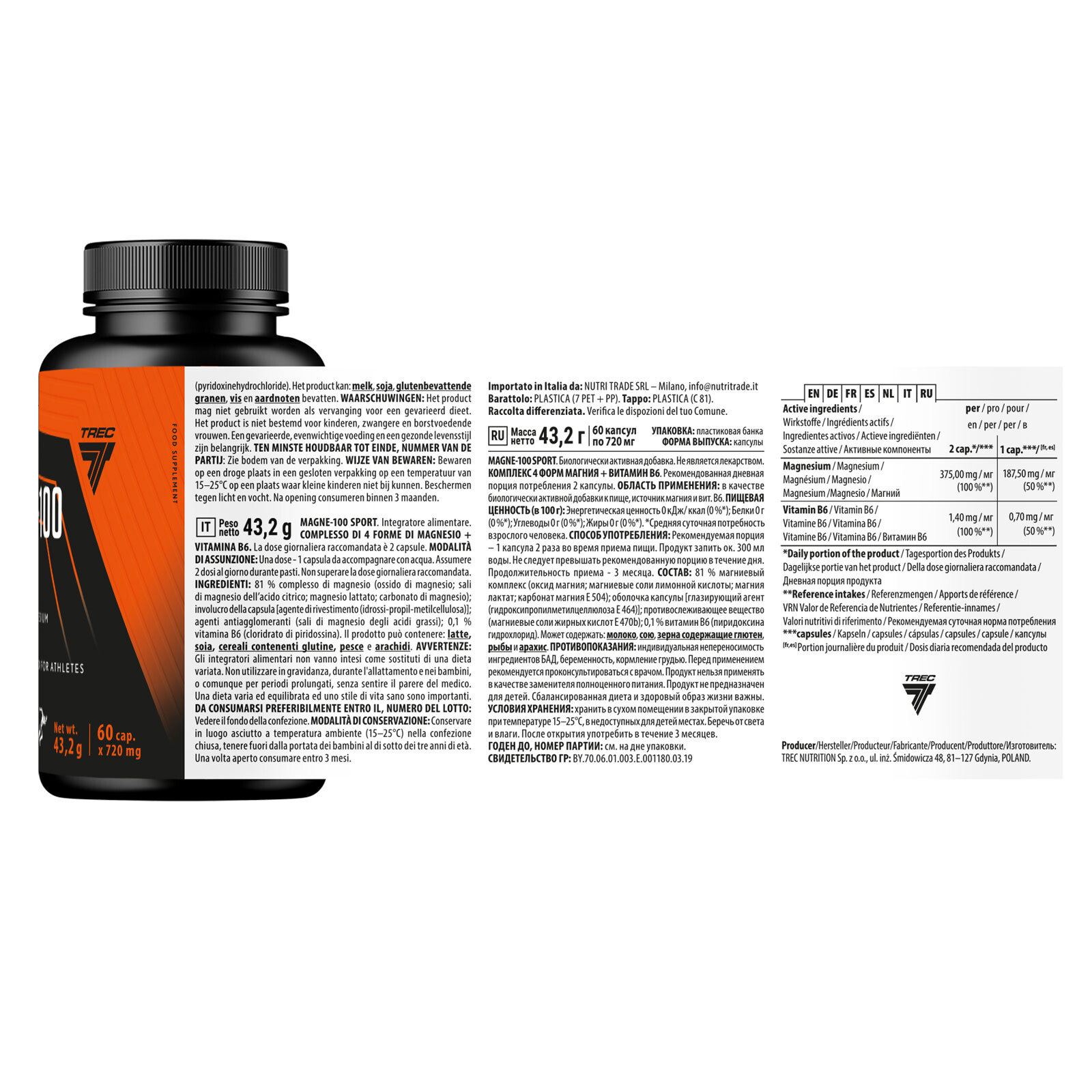 MAGNE-100 SPORT 60–360 Caps – Magnesium + B6 for Cramps, Energy & Recovery