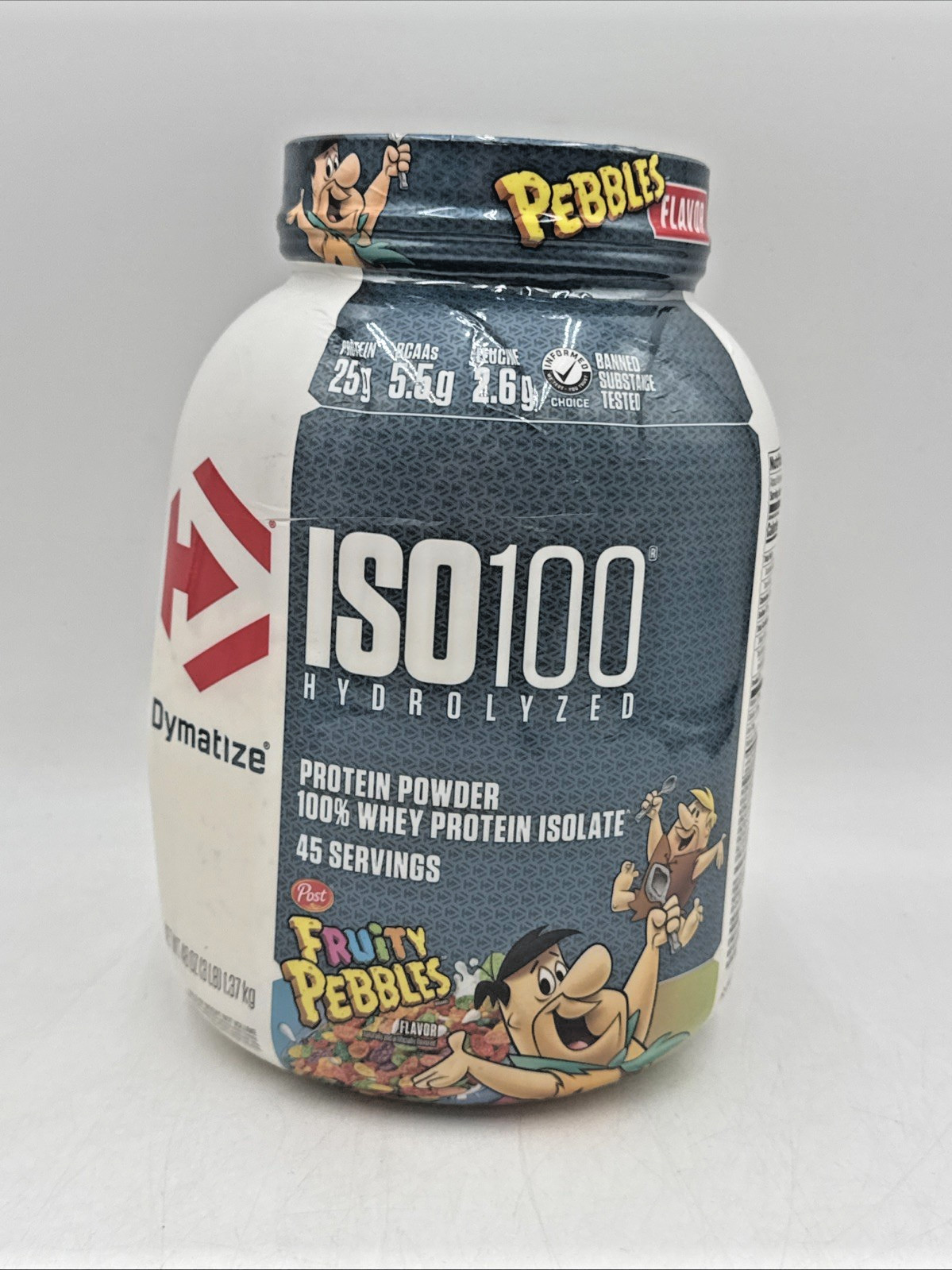 Dymatize ISO100 Fruity Pebbles Whey Protein Isolate 3lb 45 Serv 08/26 DENTED TUB