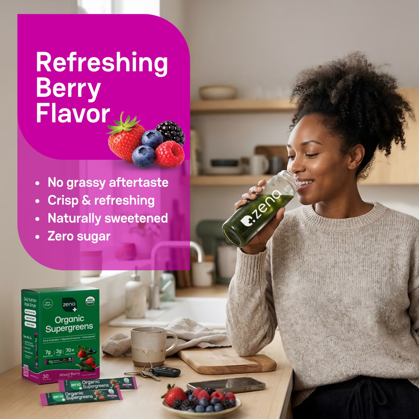 Zena Organic Supergreens Powder, Mixed Berry, 30 Servings 70+ Superfoods, 0Sugar