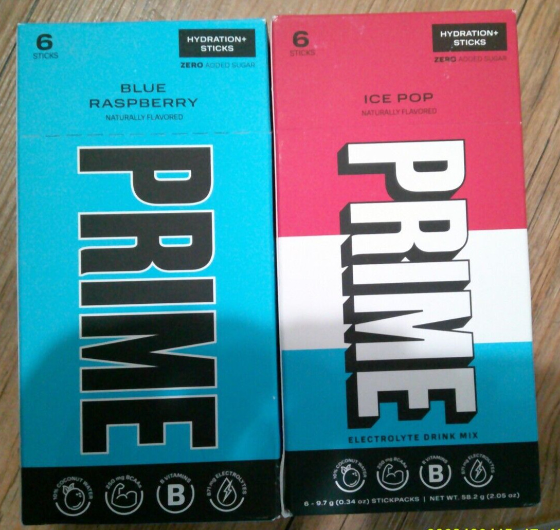 2 NEW PRIME HYDRATION DRINK sticks ICE POP & BLUE RASPBERRY flavor 12 packets