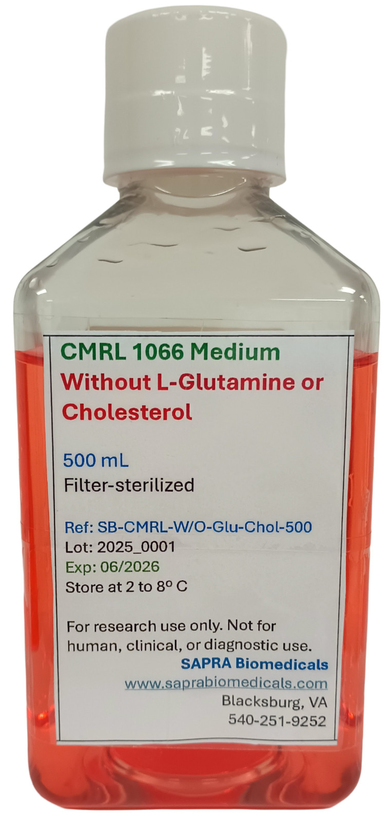 CMRL 1066 Medium, 1X, Without L-Glutamine or Cholesterol, 500mL