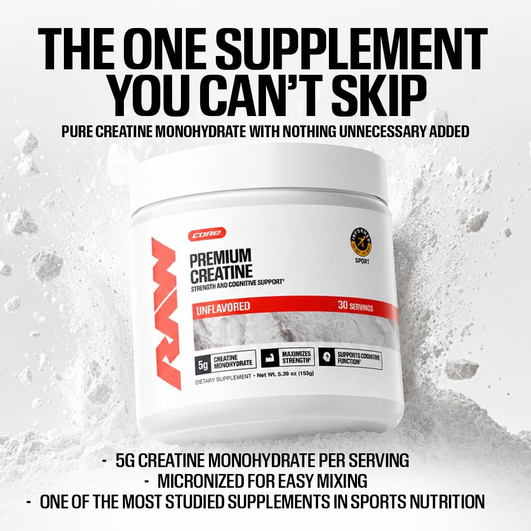 RAW Nutrition Creatine Monohydrate Powder, Unflavored 5.3 Ounce (Pack of 1)