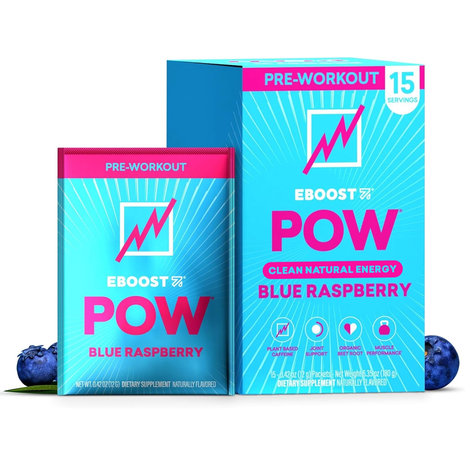EBOOST POW Natural Pre Workout Powder – 15 Packets, Blue Raspberry, Men & Women