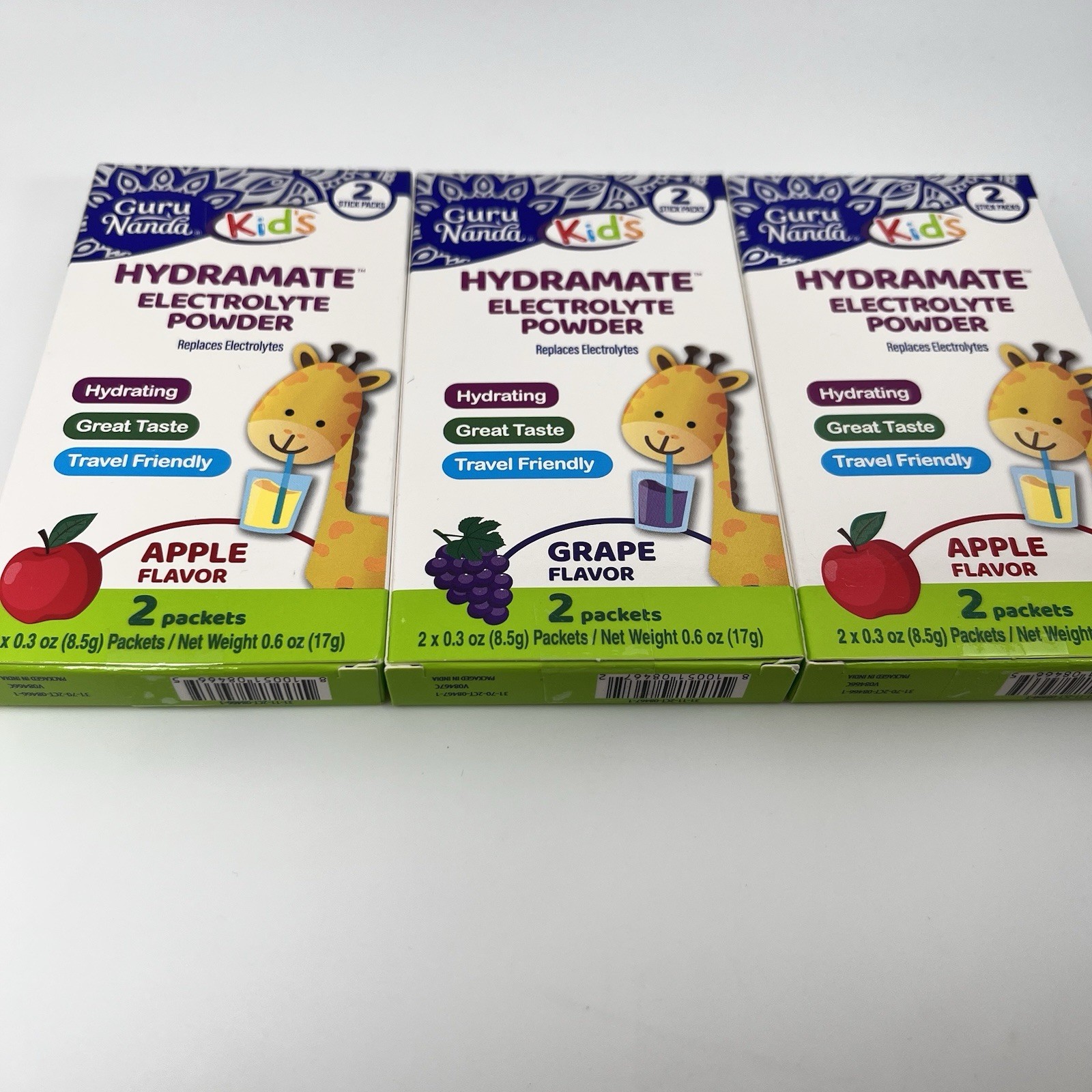 Guru Nanda Hydramate 3 boxes Kids Electrolyte Powder 2 box Apple & 1 Grape NEW