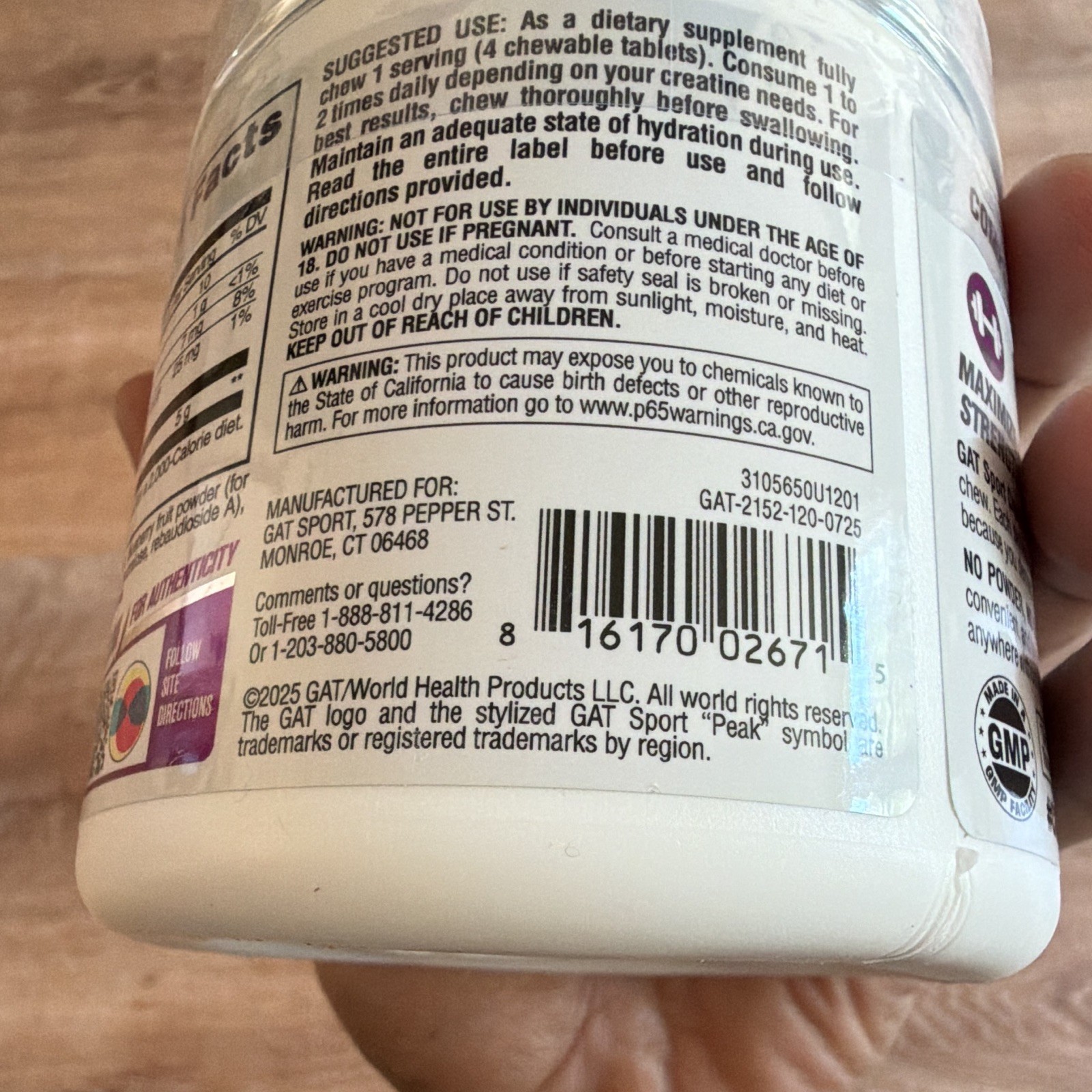 GAT Sport Creatine Chews Zero Sugar, Grape Cotton Candy 120 Tablets Exp 11/2027
