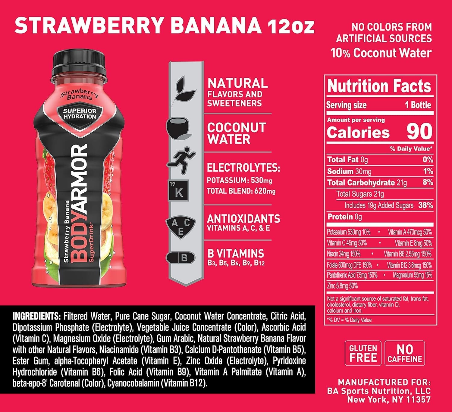 BODYARMOR Sports Drink, Strawberry Banana, Coconut Water 12 Fl Oz ( Pack of 6 )