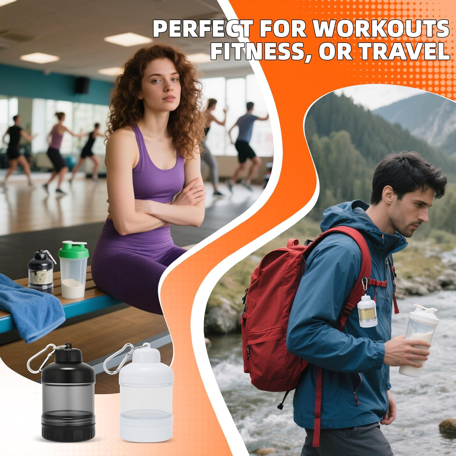 2 Pack Protein Powder Container to Go with Keychain & Keyring, Large Capacity, C