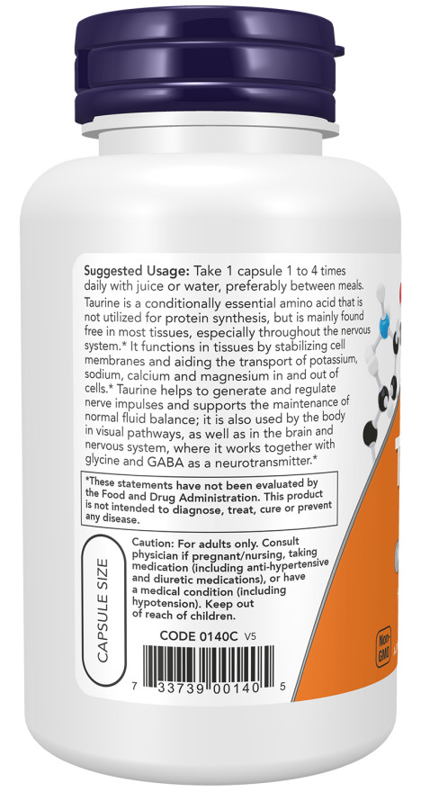 NOW Foods Taurine 500 mg 100 Caps 04/27EXP Nervous System