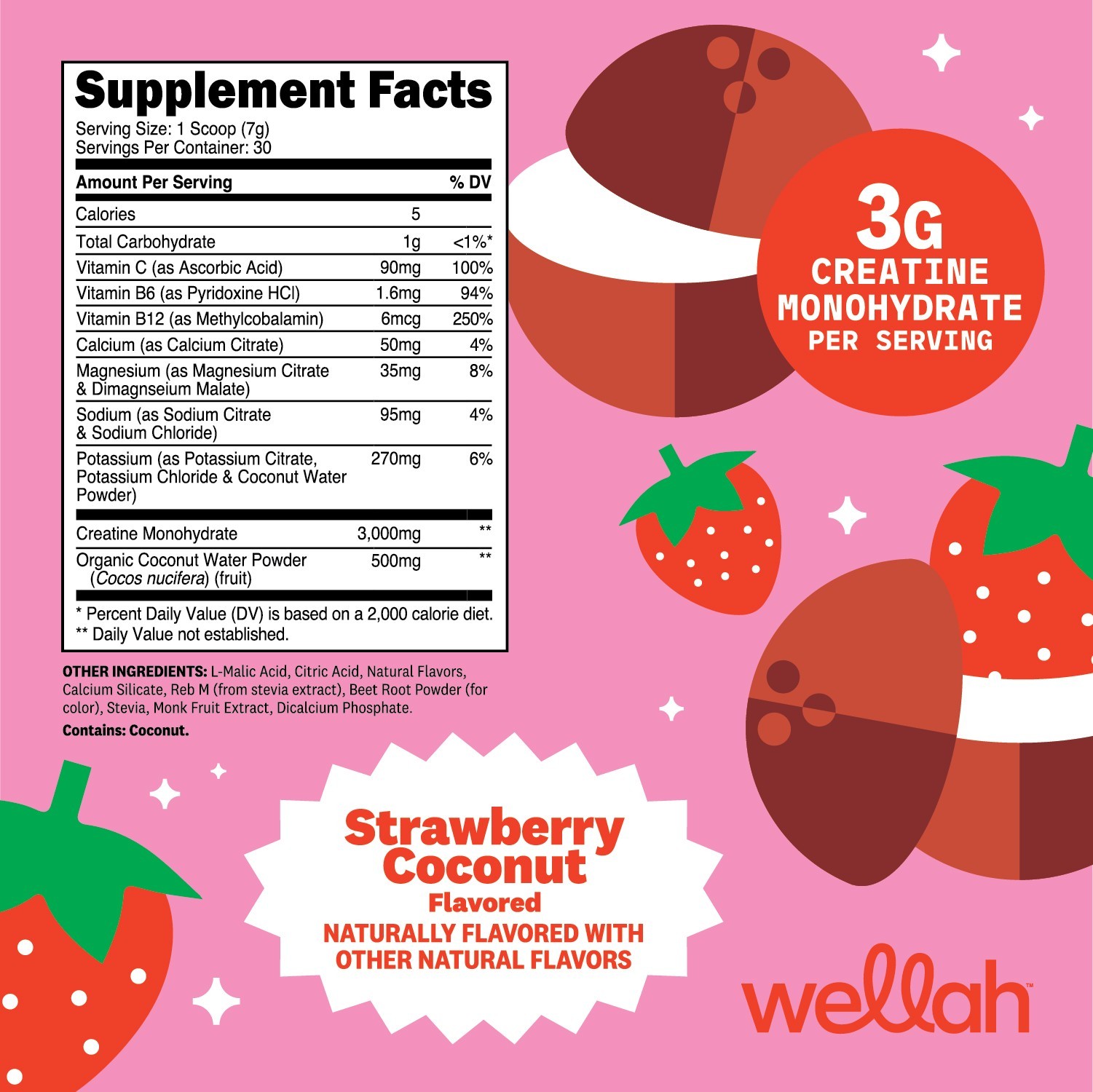 Wellah Creatine + Hydration Powder (Strawberry Coconut) 30 Servings – Drink Mix