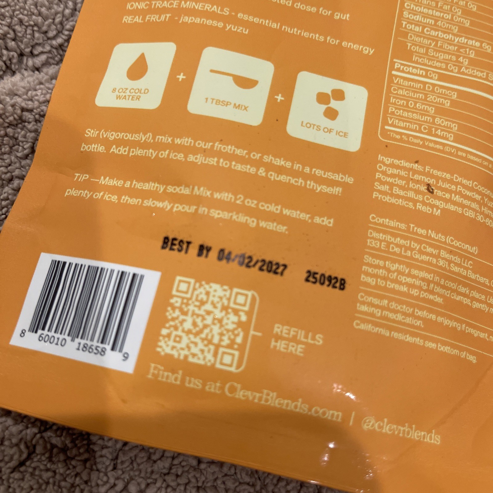 Clevr Hydration & Gut Instant Yuzu Lemonade Supertea 5.08oz 18 Servings