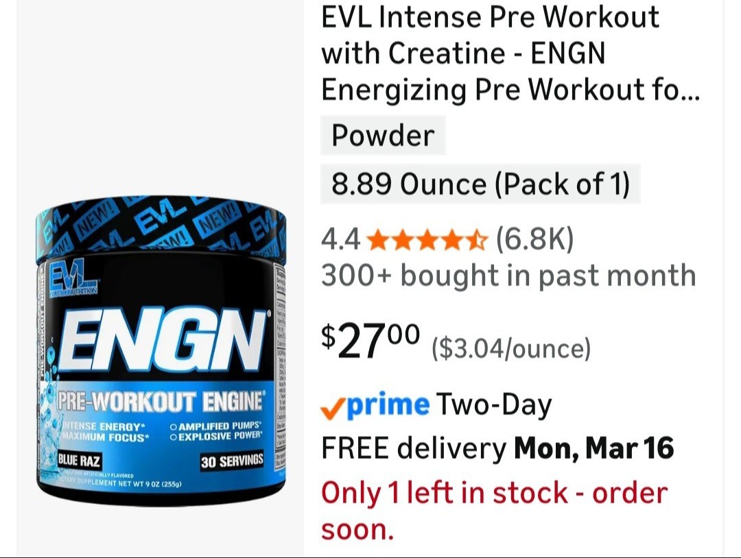 ENGN Pre-Workouts, 3 Tubs, Blue Raz, 90 Serv, 300mg caffeine, FREE EVL Shaker!