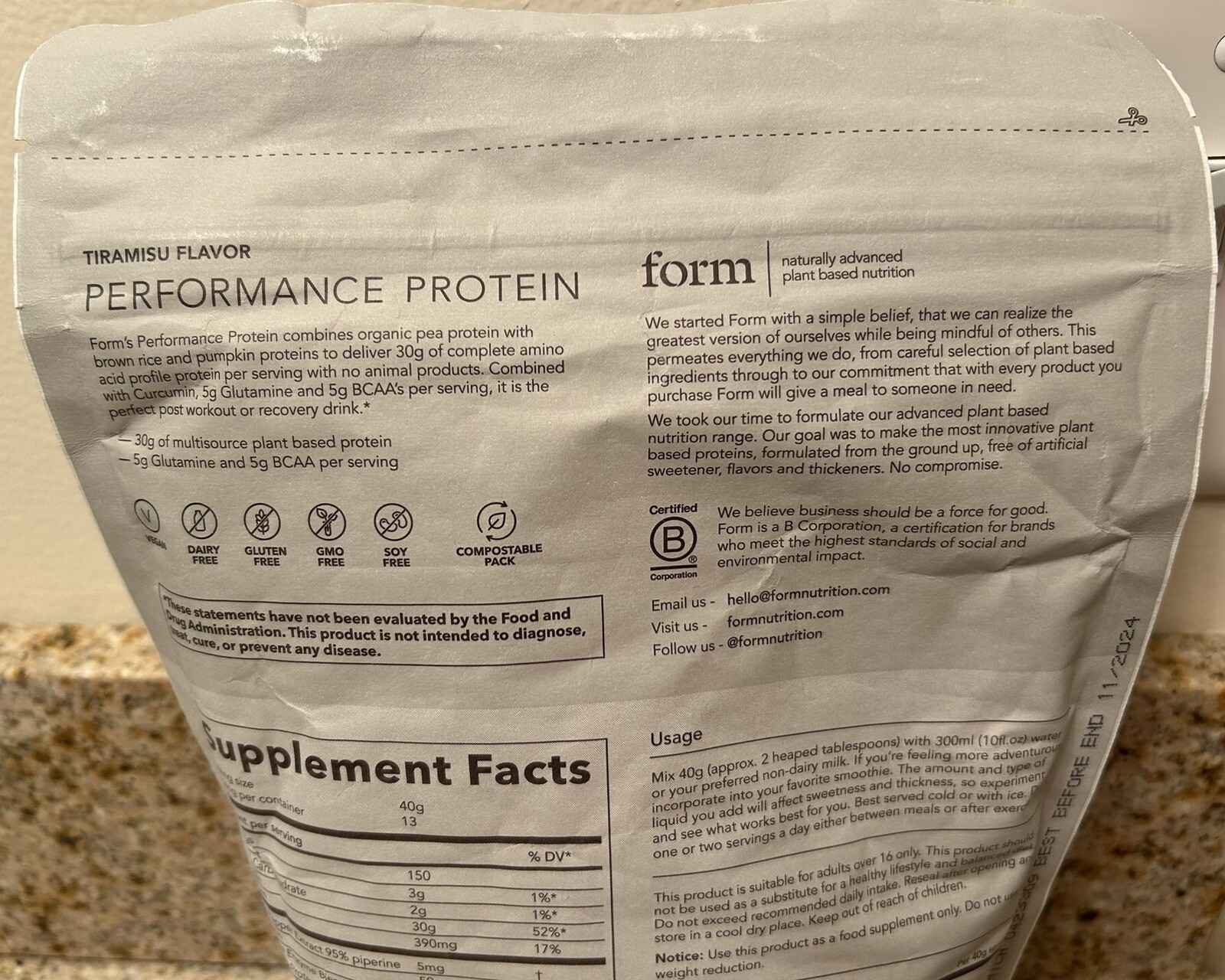 Form Performance Plant Based Protein Supplement Tiramisu 1.1 LBs New