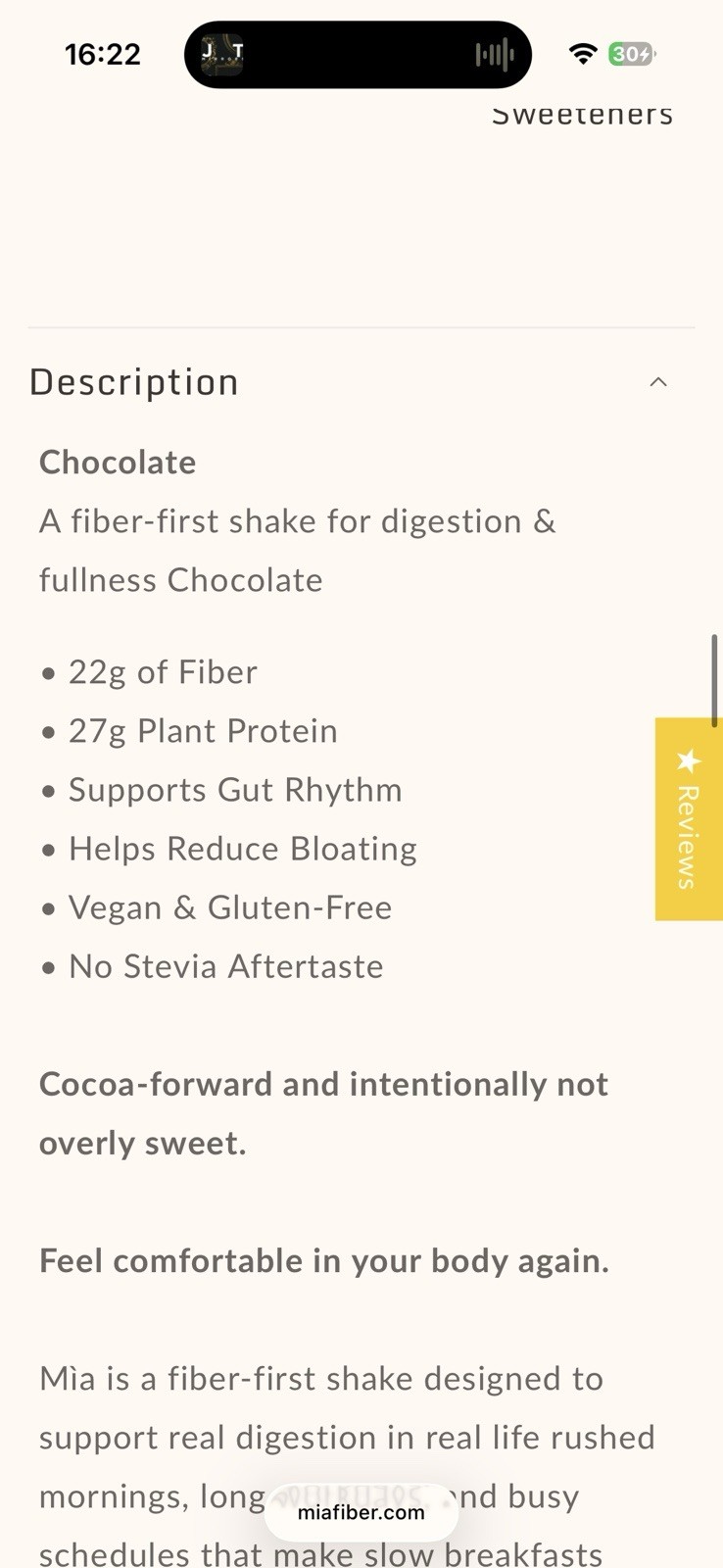 Mia Fiber + Protein Powder Chocolate 2 lb 15 Serv Vegan Gluten-Free Digestion