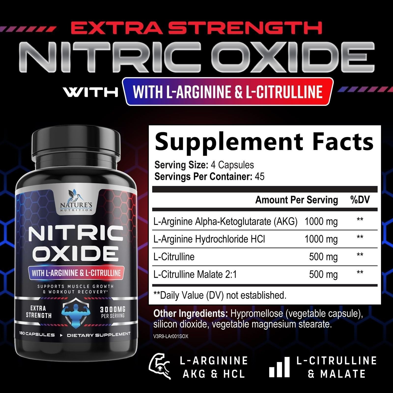 Nitric Oxide Booster Extra Strength – L-Arginine & Citrulline 180 Capsules