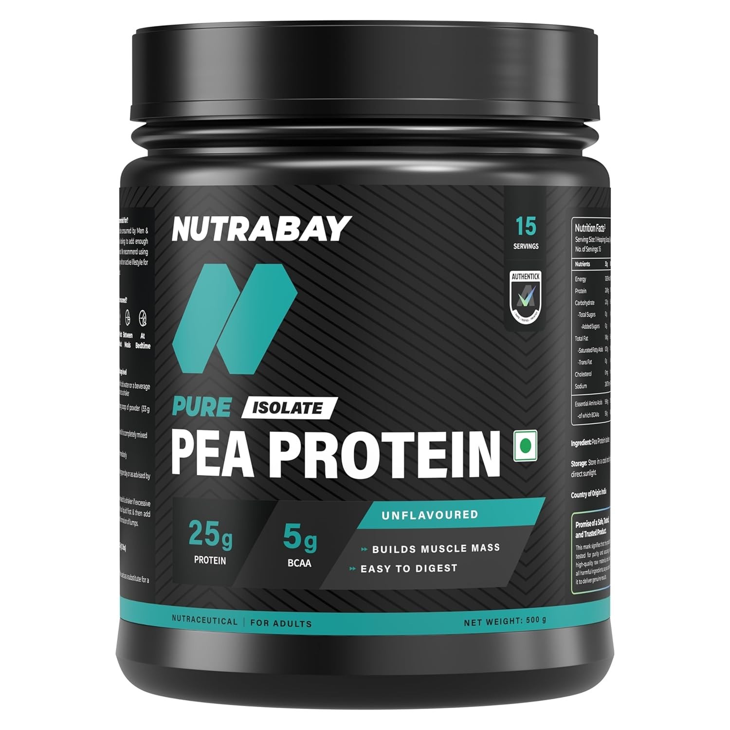 Pure Pea Protein Isolate – 25.3g Protein, 5g BCAA -500g Unflavoured, 15 Servings