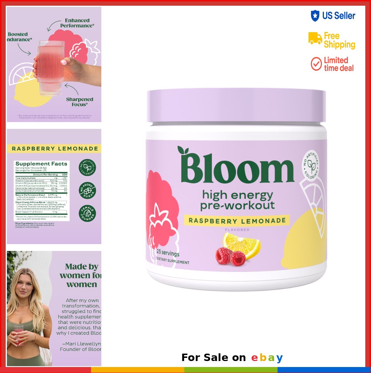 Pre-Workout Powder Raspberry Lemonade 25 Servings High Energy Focus Endurance