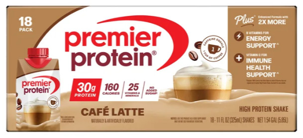 Premier 30g Protein PLUS Energy & Immune Shakes Café Latte Flavor 18-Pack