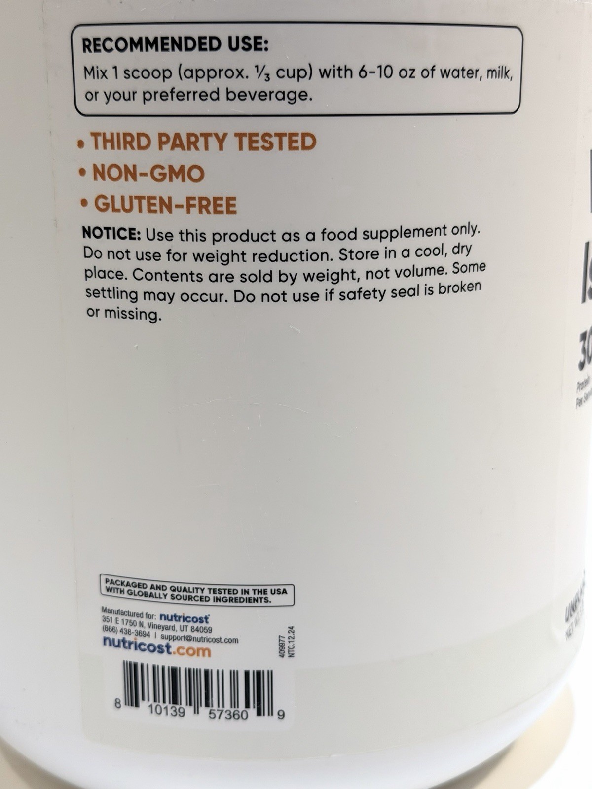 Nutricost Whey Protein Isolate Unflavored 5 lb 65 Servings Exp 01/2028