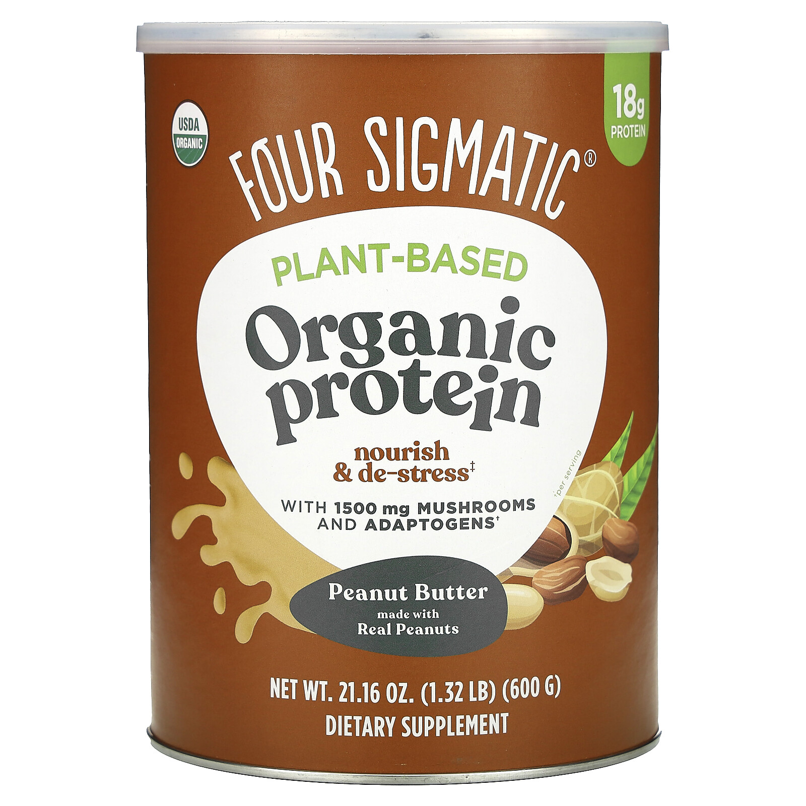 Plant-Based Organic Protein with Mushrooms & Adaptogens, Peanut Butter, 1.32 lbs