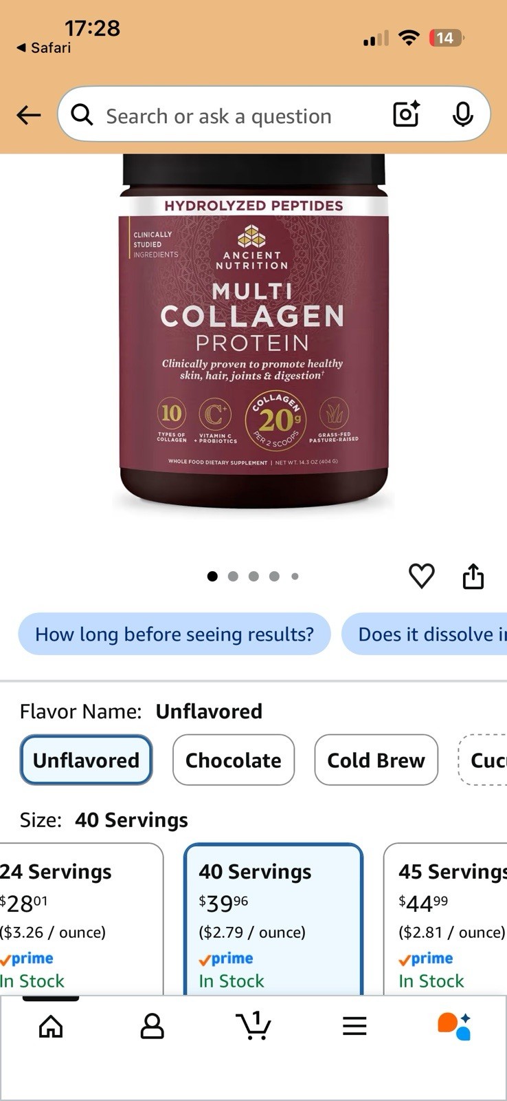 Ancient Nutrition Multi Collagen Protein Hydrolyzed Peptides Unflavored 14.3 oz