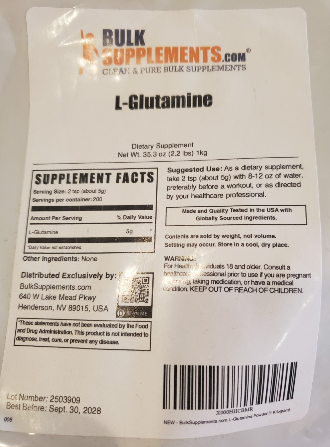 PURE L-GLUTAMINE POWDER by BULK SUPPLEMENTS – 2.2 POUND BAG (1kg)