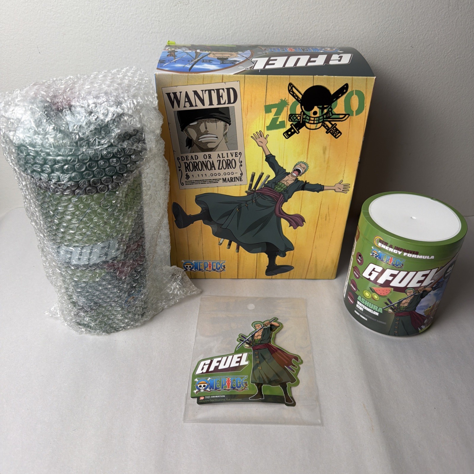 G Fuel One Piece Ashura Collector’s Box Tub Roronoa Zoro Shaker Cup, Sticker New