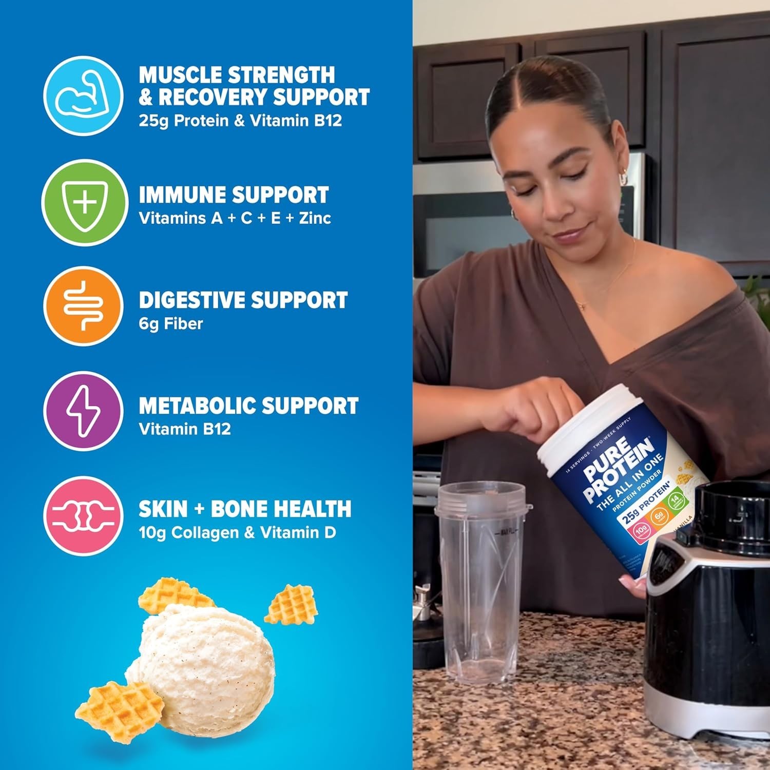 Pure Protein All-In-One Powder Vanilla Whey Collagen High Fiber Vitamins 1.25lb